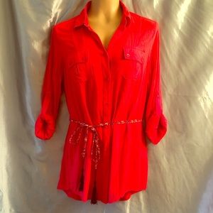 Red rayon belted button down blouse, M
